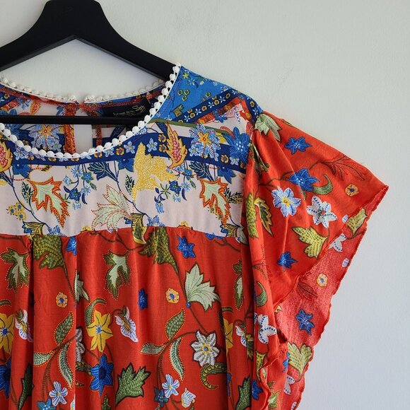 Flutter Sleeve Peasant Tunic Top 3X Floral Boho Lightweight Red Blue - Picture 3 of 10
